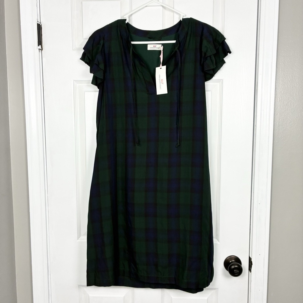 NWT Vineyard Vines Blackwatch Tunic Split Neck Plaid Dress Blue Green Medium